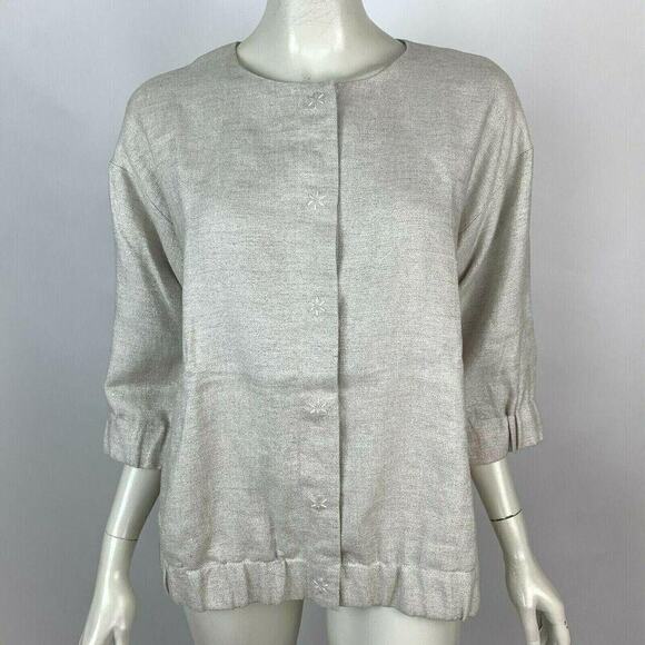 Eileen Fisher Twinkle Linen Jacket Snap Blazer Medium Beige Shimmer Lagenlook - Picture 1 of 13